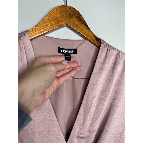 Express Satin Surplice Neck Long Sleeve Belted Wrap Dress in Color Pink Size S - Picture 3 of 5